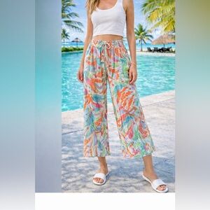 Shore Life Women's Resort Wear Colorful Tropical Beach Wide Leg Crop Pants Large